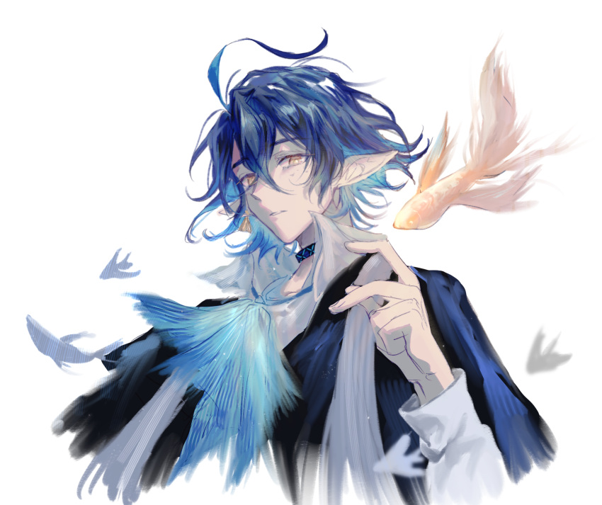 1boy, ahoge, arknights, ascot, black_choker, blue_ascot, blue_hair, blue_jacket, choker, fish, grey_eyes, hand_up, highres, infection_monitor_(arknights), jacket, long_sleeves, looking_at_viewer, lumen_(arknights), male_focus, messy_hair, parted_lips, pointy_ears, short_hair, simple_background, solo, white_background, yunluo