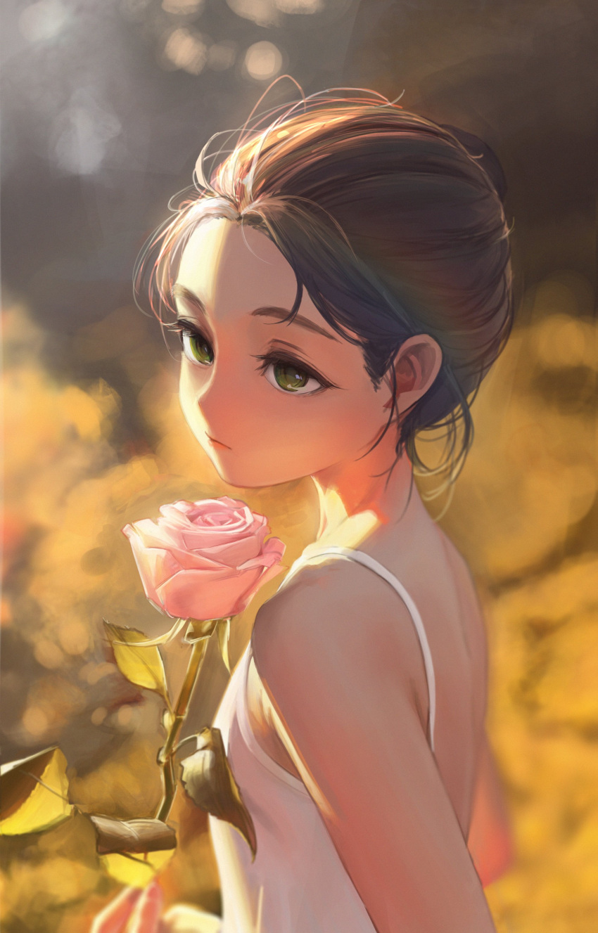 1girl, absurdres, bare_shoulders, blurry, blurry_background, brown_hair, closed_mouth, derivative_work