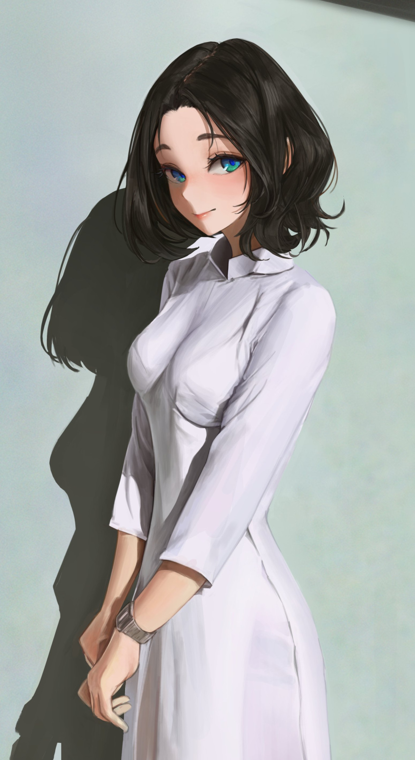 1girl, absurdres, black_hair, blue_eyes, blush, bra_visible_through_clothes, breasts, collared_dress
