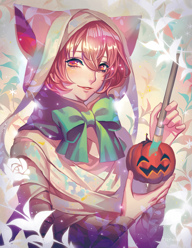 1boy, animal_hood, blush, bow, green_bow, halloween_costume, holding, holding_jack-o'-lantern