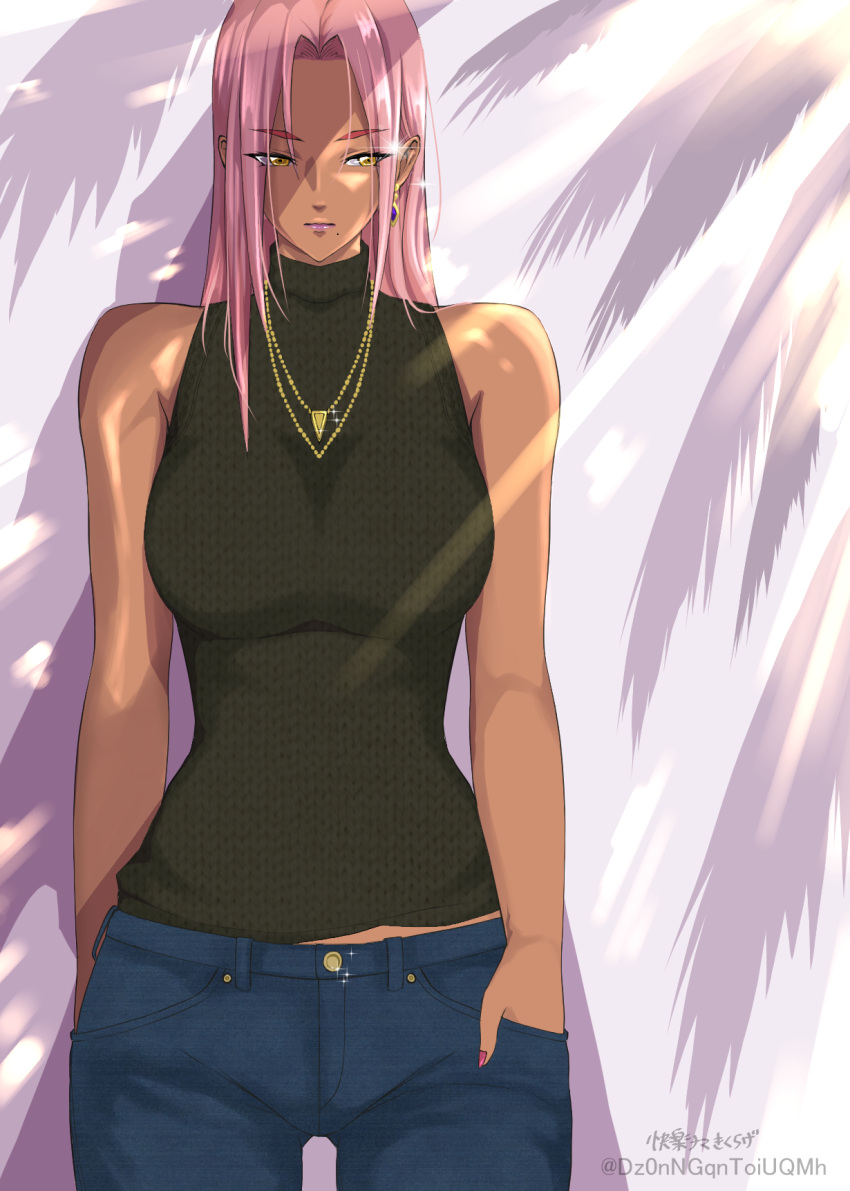 1girl, alternate_costume, artist_name, black_sweater, breasts, casual, cowboy_shot, dark-skinned_female