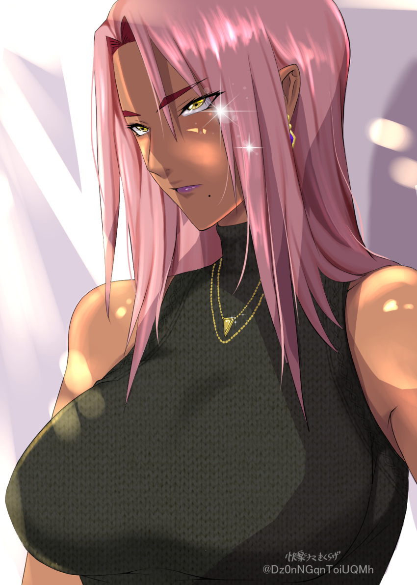 1girl, alternate_costume, artist_name, black_sweater, breasts, casual, dark-skinned_female, dark_skin