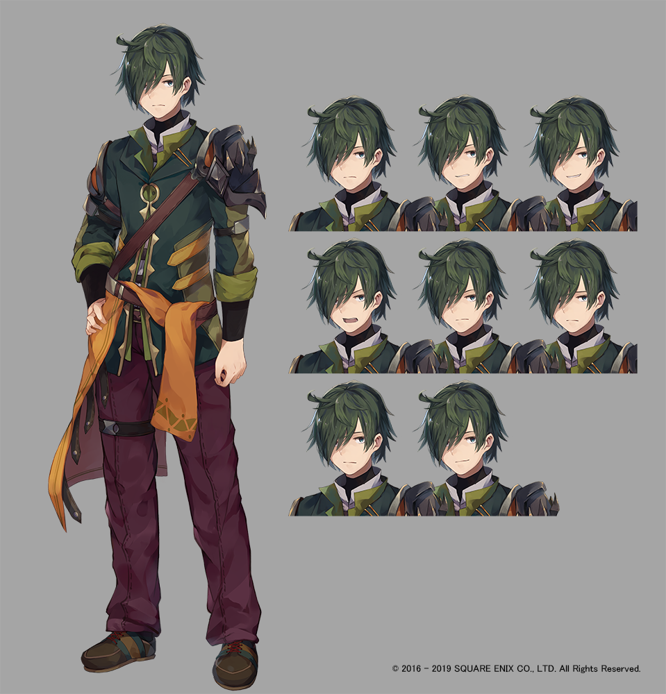1boy, angry, armor, belt, blue_eyes, clenched_teeth, copyright, expressions, frown, green_hair, grimms_notes, grin, hair_over_one_eye, makihitsuji, male_focus, official_art, pants, short_hair, shoulder_armor, smile, solo, standing, teeth, tim_(grimms_notes)
