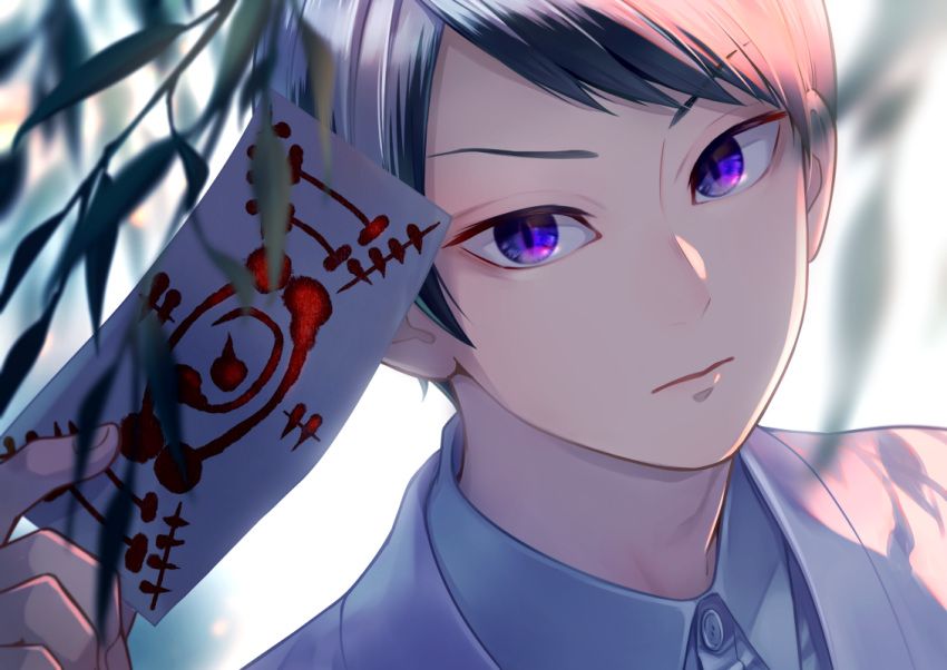 1boy, bamboo, bangs, black_hair, blue_eyes, blurry, branch, closed_mouth