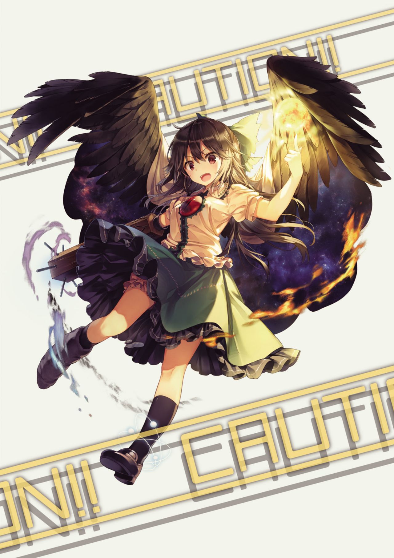 1girl, arm_up, bangs, black_footwear, black_hair, black_legwear, bloomers, blush, bow, breasts, brown_eyes, cloak, collared_shirt, english_text, eyebrows_visible_through_hair, fire, flying, frills, green_bow, green_skirt, grey_cloak, hair_between_eyes, hand_cannon, hands_up, highres, light, long_hair, looking_to_the_side, medium_breasts, night, night_sky, open_mouth, pointing, puffy_short_sleeves, puffy_sleeves, reiuji_utsuho, shadow, shirt, shnva, shoes, short_sleeves, simple_background, skirt, sky, sky_print, smile, socks, solo, space, space_print, star_(sky), star_(symbol), star_print, starry_sky_print, stone, sun, teeth, third_eye, tongue, touhou, underwear, white_background, white_shirt, wings