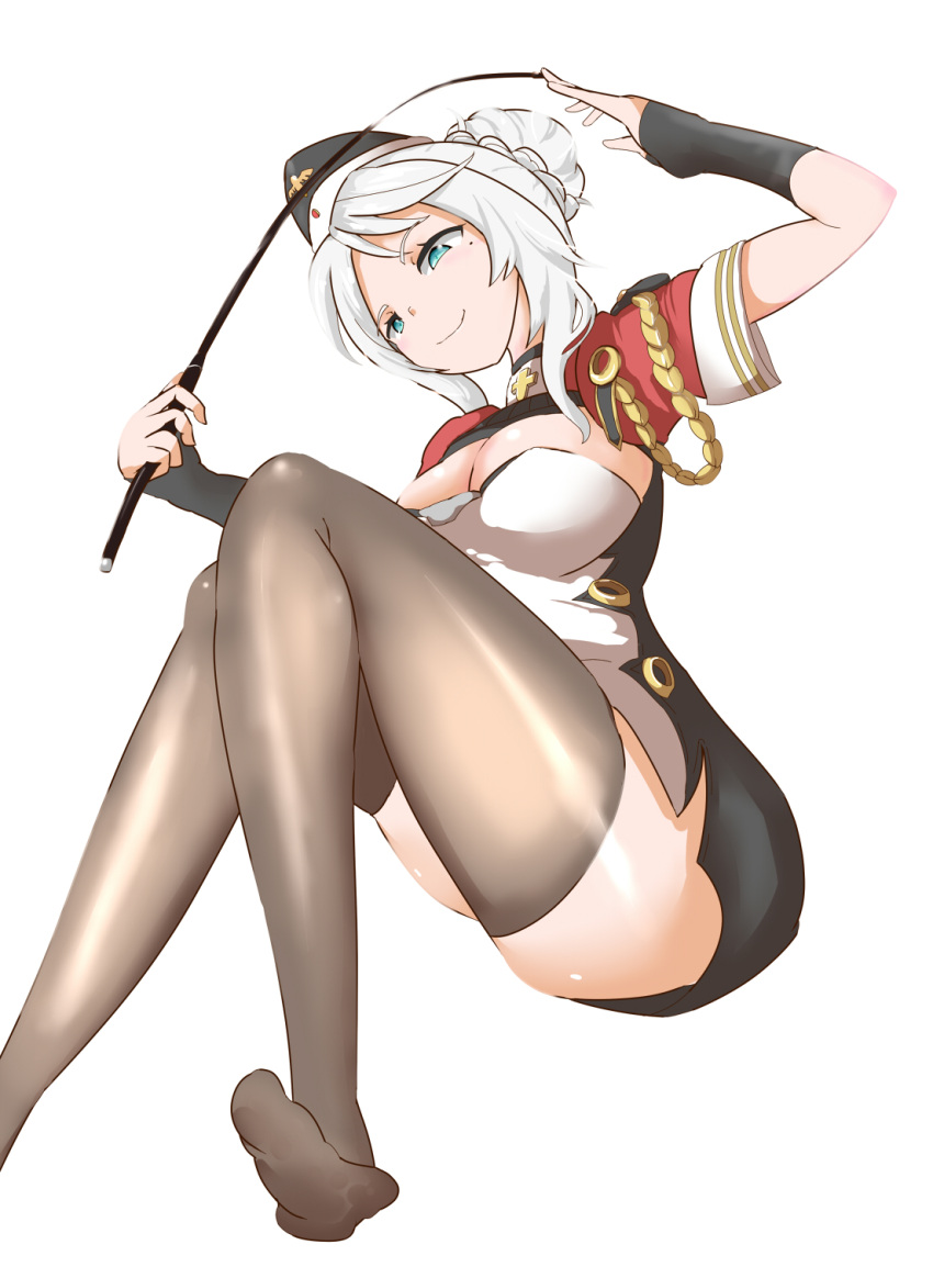 1girl, aqua_eyes, azur_lane, bangs, black_gloves, black_legwear, breasts, closed_mouth, eyebrows_visible_through_hair, fingerless_gloves, gloves, hair_ornament, hat, highres, holding, holding_whip, koenigsberg_(azur_lane), long_hair, looking_down, medium_breasts, military_hat, mole, mole_under_eye, over-kneehighs, sansei, smile, solo, thigh-highs, thighs, uniform, white_background, white_hair