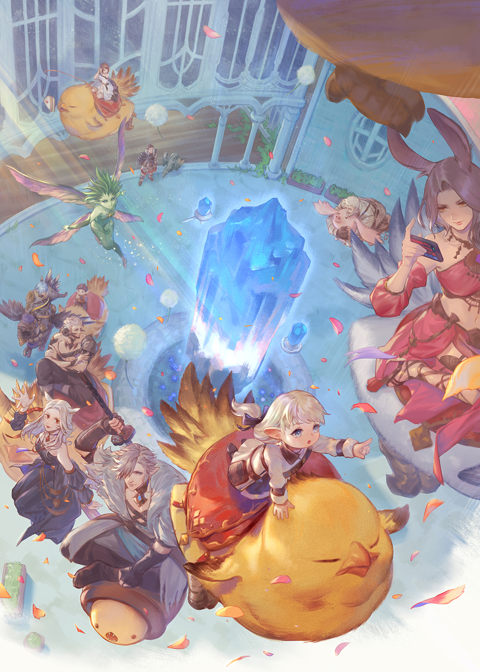 4girls, 6+boys, amaro_(ff14), ardbert_(ff14), armor, au_ra, avatar_(ff14), bangs
