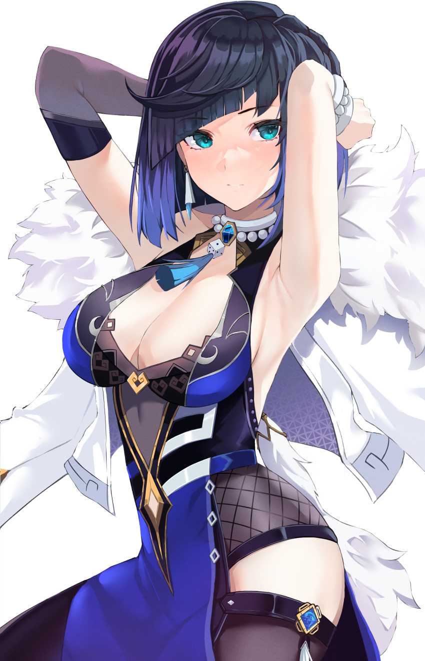 1girl, absurdres, aqua_eyes, armpits, arms_behind_head, asymmetrical_gloves, bangs, black_hair