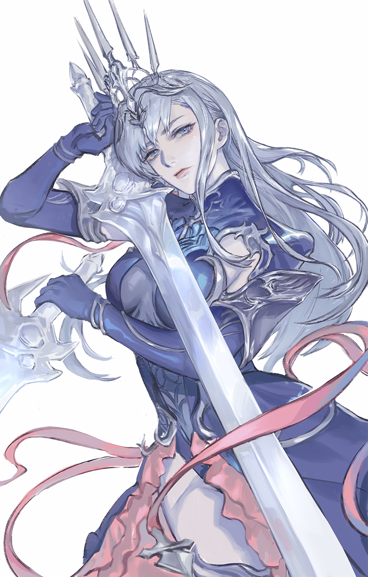 1girl, bangs, breasts, dual_wielding, final_fantasy, final_fantasy_xiv, grey_eyes, holding
