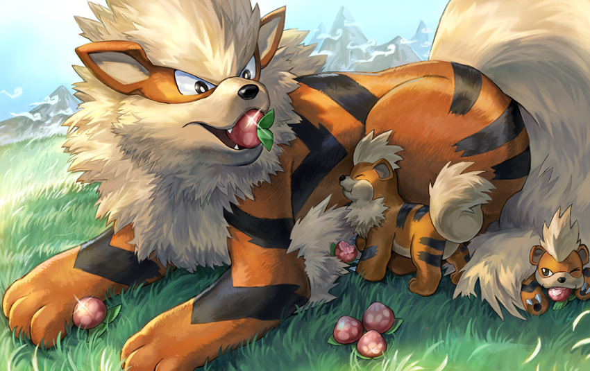 arcanine, berry_(pokemon), black_eyes, day, grass, growlithe, level-00, mountainous_horizon