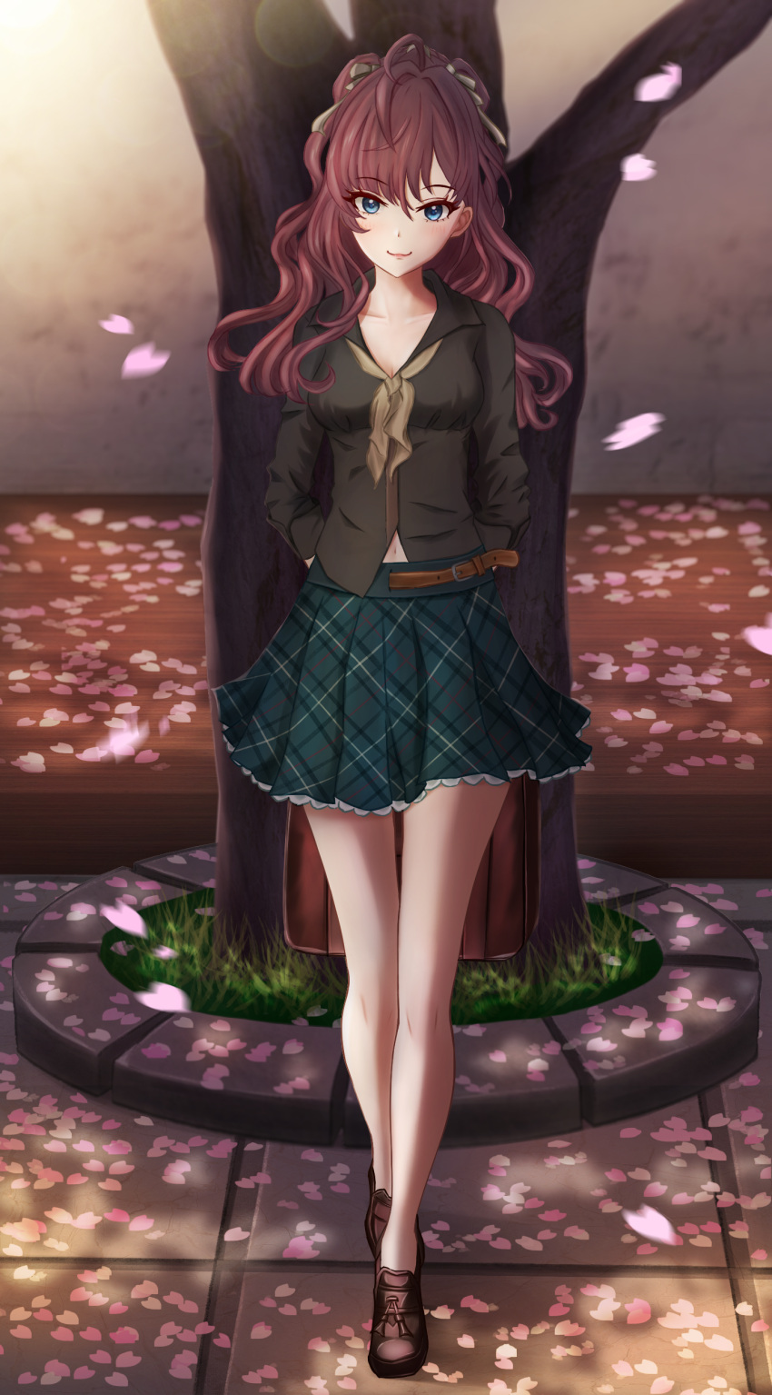 1girl, absurdres, ahoge, arms_behind_back, bangs, bare_legs, belt, black_shirt