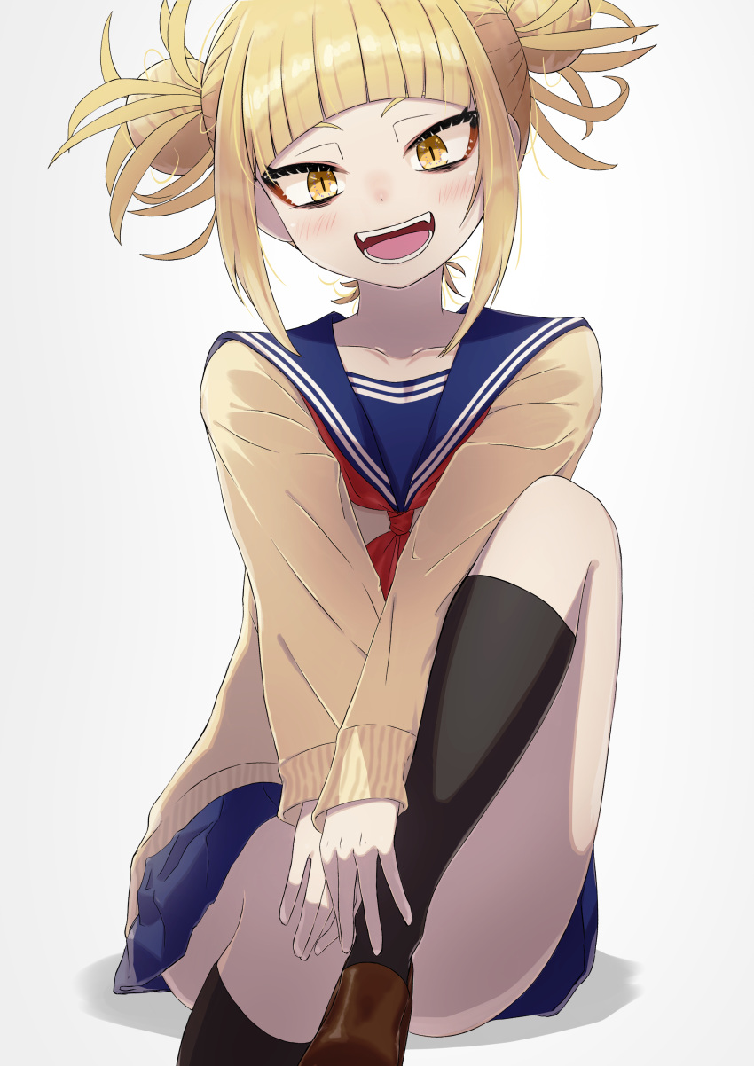 1girl, :d, absurdres, bangs, black_legwear, blonde_hair, blue_sailor_collar, blue_skirt
