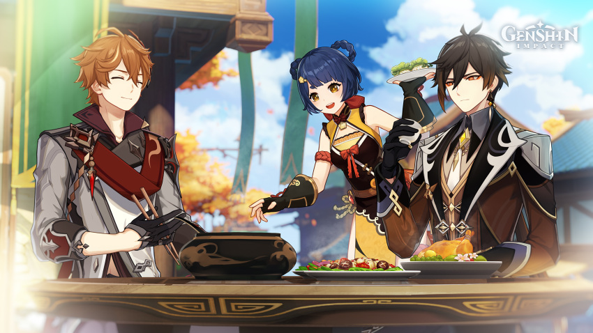 1girl, 2boys, bell_pepper, black_gloves, blue_hair, brown_hair, chicken_(food), chinese_clothes, cup, earrings, eating, eyeliner, fingerless_gloves, flower, food, formal, fruit, gem, genshin_impact, gloves, hair_rings, highres, holding, holding_cup, jewelry, lemon, lettuce, long_sleeves, makeup, multiple_boys, mushroom, official_art, orange_eyes, orange_hair, outdoors, pepper, plate, pot, red_scarf, scarf, short_hair, single_earring, suit, sweet_madame_(genshin_impact), tartaglia_(genshin_impact), tassel, tassel_earrings, tea, vision_(genshin_impact), xiangling_(genshin_impact), yellow_eyes, zhongli_(genshin_impact)
