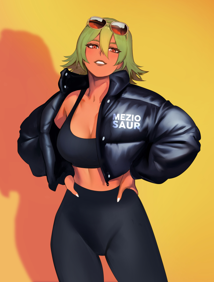 1girl, bangs, black_jacket, black_tank_top, breasts, buttons, commentary, dark-skinned_female