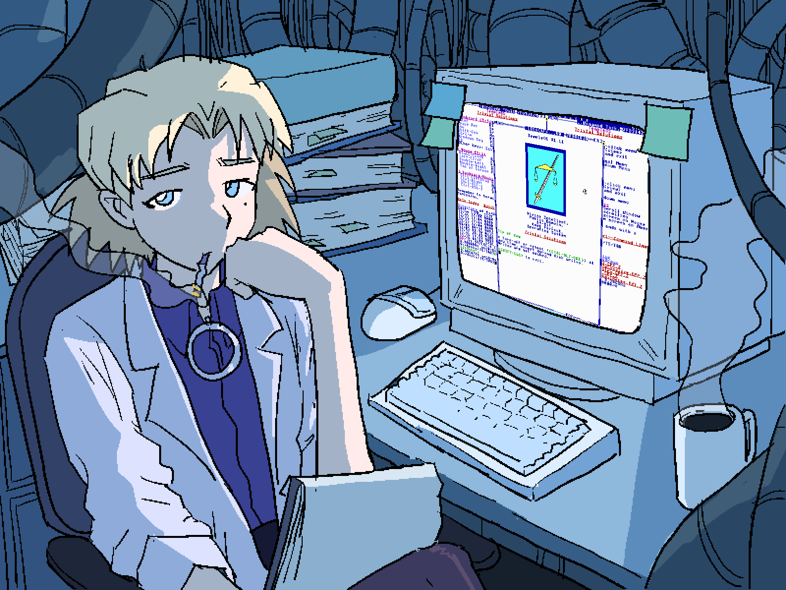 1girl, blonde_hair, blue_eyes, book, book_stack, chair, character_request, cigarette