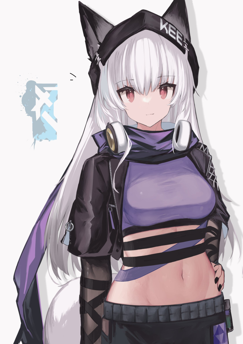 1girl, animal_ears, arknights, bangs, beanie, black_jacket, black_nails, breasts