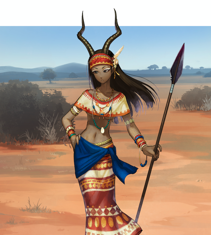 1girl, african_clothes, black_eyes, black_hair, bracelet, breasts, capelet, closed_mouth