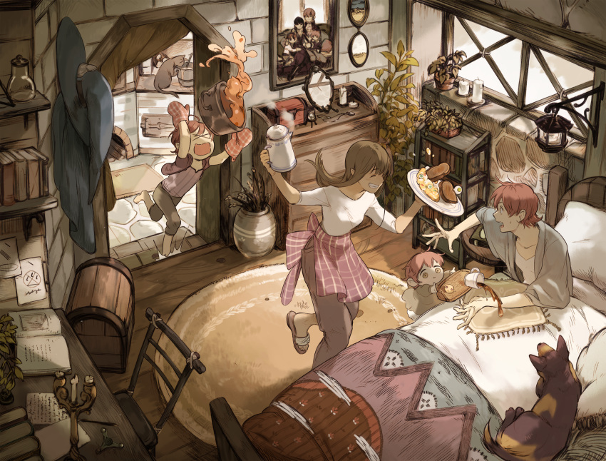 >_<, 2boys, 2girls, absurdres, apron, arms_up, bangs, bed, bedroom, black_cat, blanket, bookshelf, brick_wall, brown_dress, brown_hair, candle, candlestand, capri_pants, cat, character_request, chest_of_drawers, child, cloth, coat, cookie, cup, curtains, day, desk, dog, doorway, dress, english_commentary, family, fire_emblem, fire_emblem_awakening, fireplace, flip-flops, food, from_above, grin, highres, holding, holding_kettle, holding_plate, holding_pot, holding_tray, indoors, katy_ho, lantern, letter, looking_at_another, mirror, mittens, mixed-language_commentary, morning, multiple_boys, multiple_girls, pants, paper, pavement, photo_(object), pillow, plaid, plant, plate, pot, potted_plant, redhead, ricken_(fire_emblem), rug, sandals, scrambled_egg, shirt, short_hair, short_sleeves, sick, sitting, smile, soup, spill, stairs, standing, standing_on_one_leg, steam, sweatdrop, toast, tray, treasure_chest, tripping, under_covers, v-neck, vase, vest, waist_apron, walking, white_shirt, window, windowsill, wooden_chair, wooden_floor, wooden_table