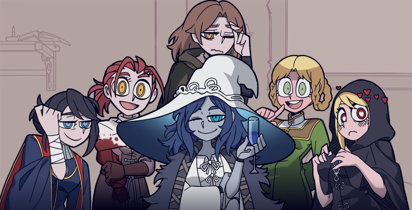 6+girls, blue_skin, cape, champagne_flute, cloak, colored_skin, cup, drinking_glass