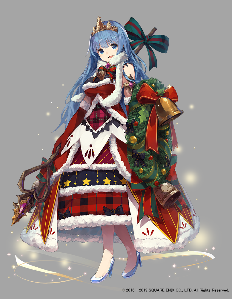 1girl, bell, blue_eyes, breasts, christmas, christmas_dress, cinderella_(grimms_notes), copyright, dress, full_body, gloves, grey_background, grimms_notes, large_breasts, long_dress, makihitsuji, official_art, polearm, ribbon, shield, shoes, smile, solo, spear, standing, tiara, weapon