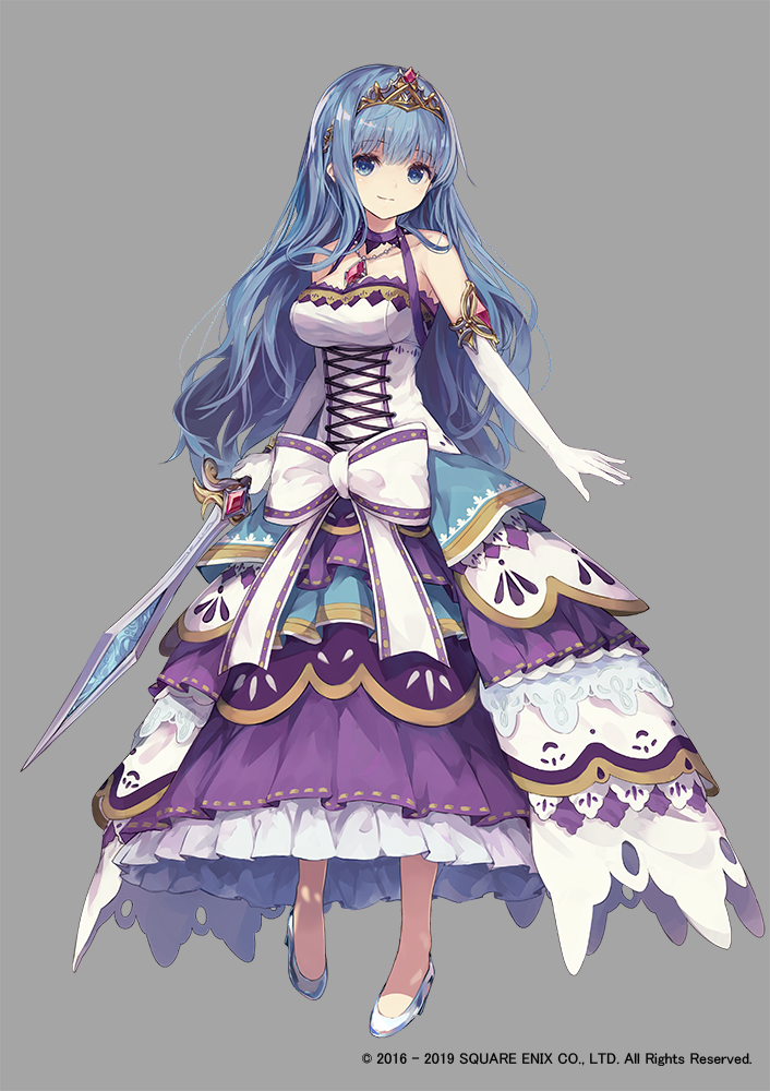 1girl, blue_eyes, breasts, cinderella_(grimms_notes), copyright, dress, full_body, gloves