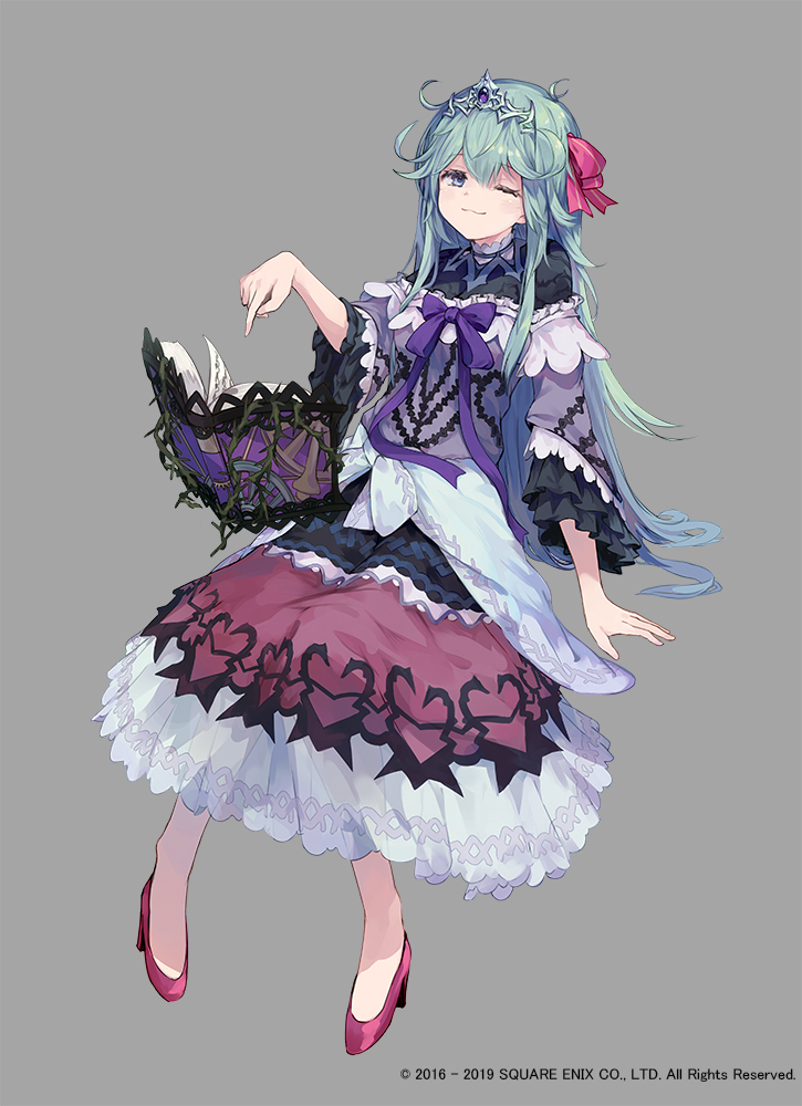 1girl, ;3, blue_eyes, blue_hair, book, copyright, dress, full_body, grey_background, grimms_notes, hair_ribbon, makihitsuji, official_art, one_eye_closed, princess_aurora_(grimms_notes), ribbon, shoes, smile, solo, tiara, weapon