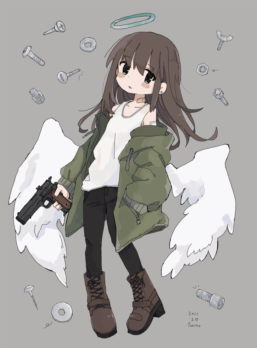 156m, 1girl, artist_name, bandaid, bandaid_on_neck, black_pants, bolt, boots