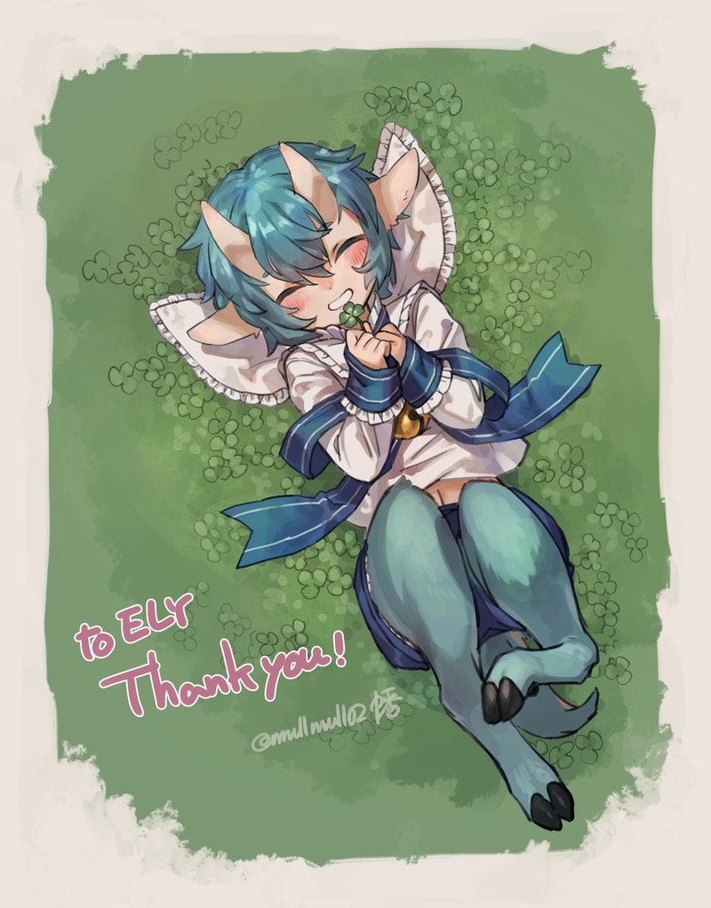 1boy, animal_ears, blue_fur, blue_hair, blue_shorts, bluebell_(ely), closed_eyes, clover