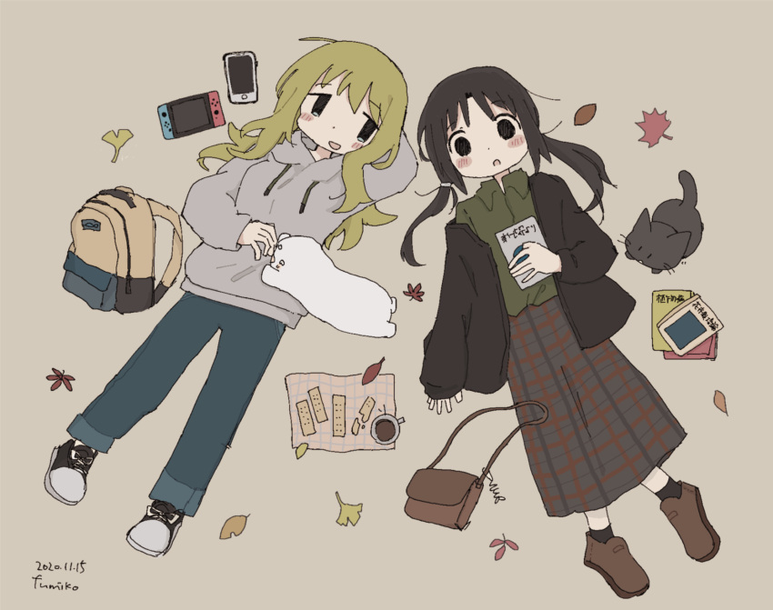 156m, 2girls, artist_name, backpack, backpack_removed, bag, bangs, black_footwear