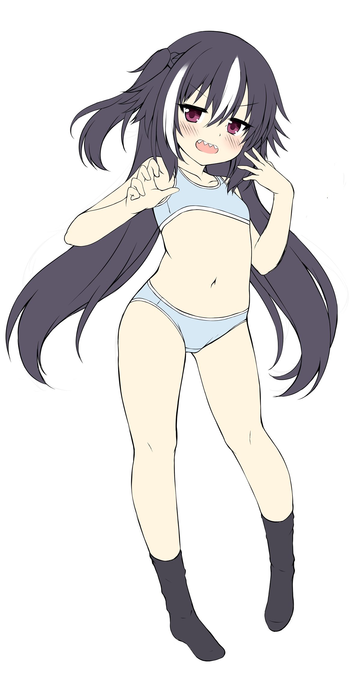 1girl, :d, bangs, bare_arms, bare_shoulders, black_hair, black_legwear, blue_bra