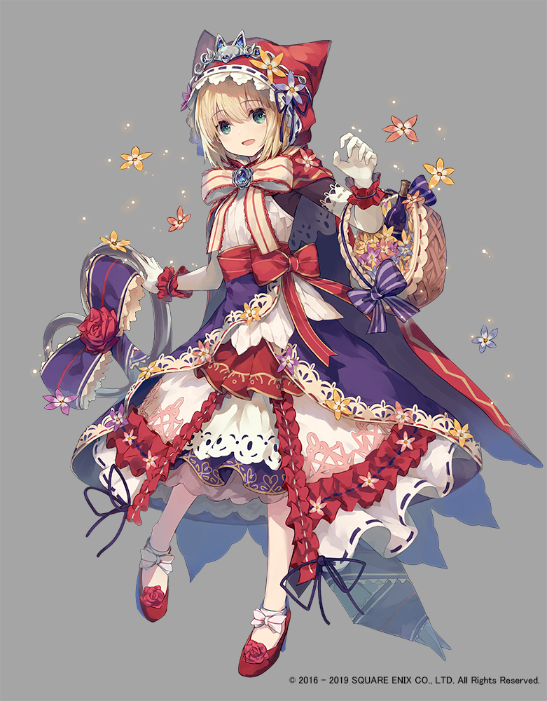 1girl, basket, blonde_hair, dress, flower, gloves, green_eyes, grey_background