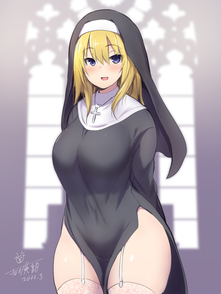 1girl, arms_behind_back, blonde_hair, blush, breasts, cross_necklace, indoors, looking_at_viewer