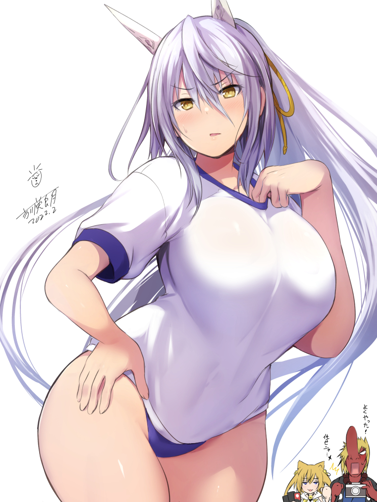 1boy, 2girls, blonde_hair, breasts, camera, gym_uniform, large_breasts, long_hair