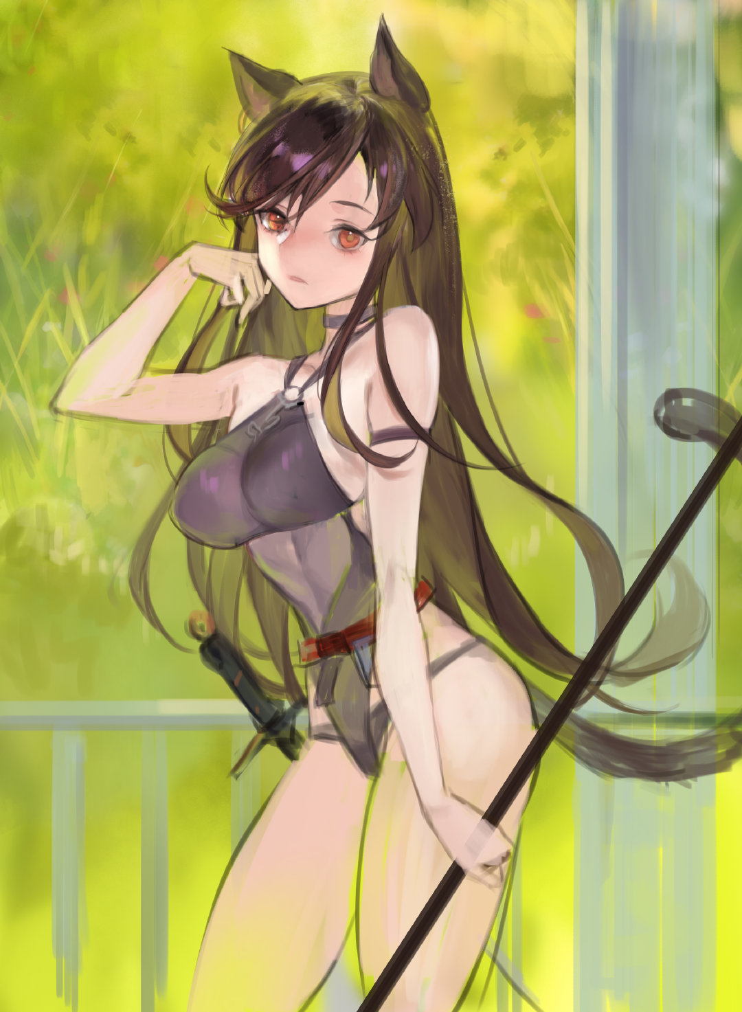 1girl, animal_ears, arknights, bare_arms, bare_shoulders, black_hair, black_swimsuit, breasts