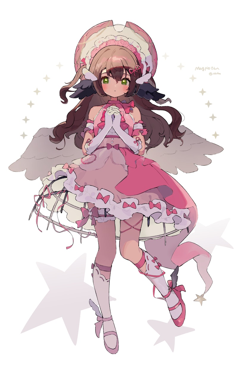 1girl, animal_ears, bird_ears, bird_wings, blush, bow, bowtie, brown_hair, commentary, commission, dress, english_commentary, gloves, green_eyes, highres, indie_virtual_youtuber, interlocked_fingers, looking_at_viewer, magpie_(vtuber), own_hands_together, parted_lips, pink_bow, pink_bowtie, pink_dress, pink_footwear, shoes, skeb_commission, socks, solo, surround_sara_udon, twitter_username, white_gloves, white_legwear, wings