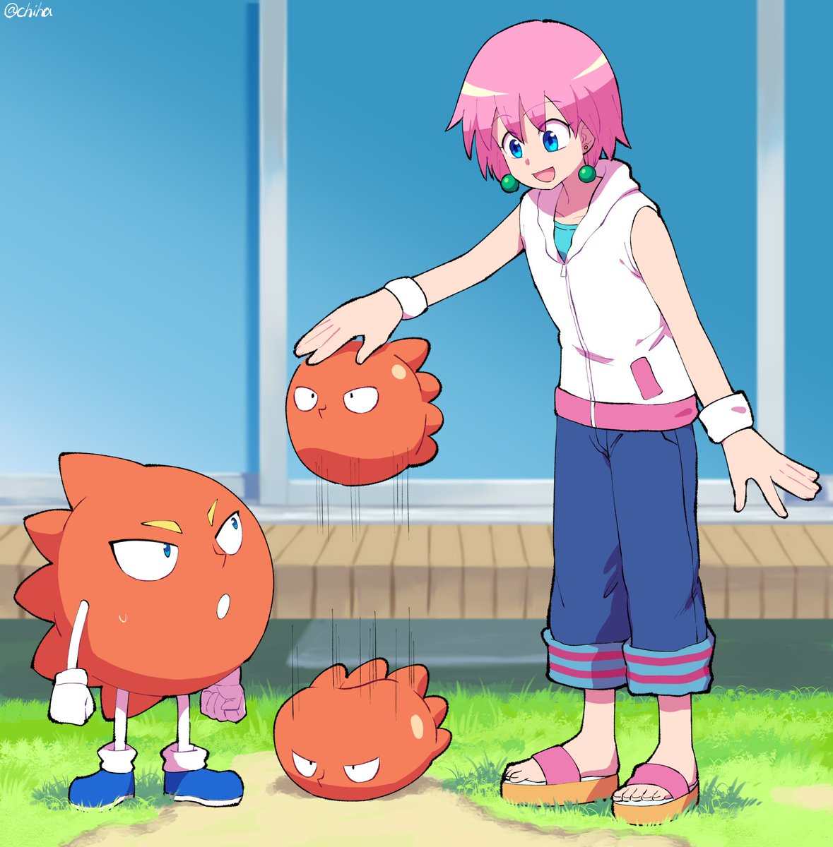 1boy, 1girl, beauty_(bobobo-bo_bo-bobo), blue_eyes, bobobo-bo_bo-bobo, bouncing, chiha_bobobo, collarbone