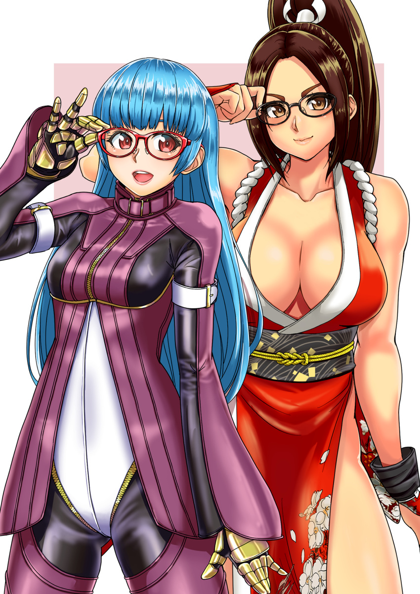 2girls, absurdres, adjusting_eyewear, bangs, bare_shoulders, breasts, closed_mouth, collarbone