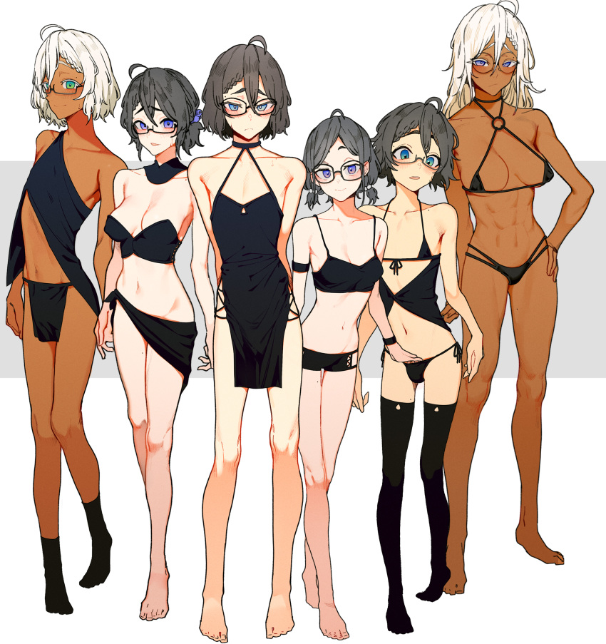 3boys, 3girls, abs, absurdres, ahoge, black_dress, black_legwear, black_shorts
