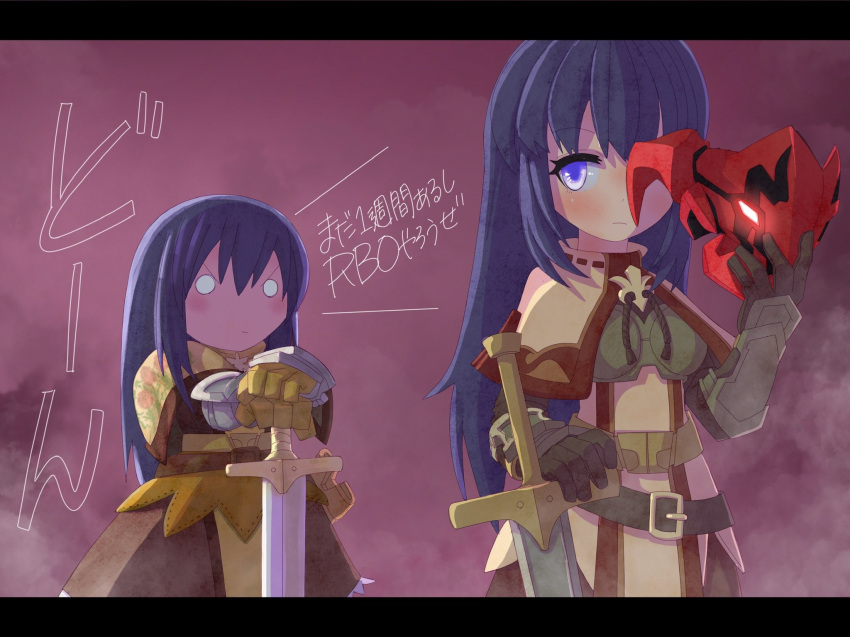 2girls, bangs, blush, brown_capelet, brown_dress, capelet, chest_guard, closed_mouth