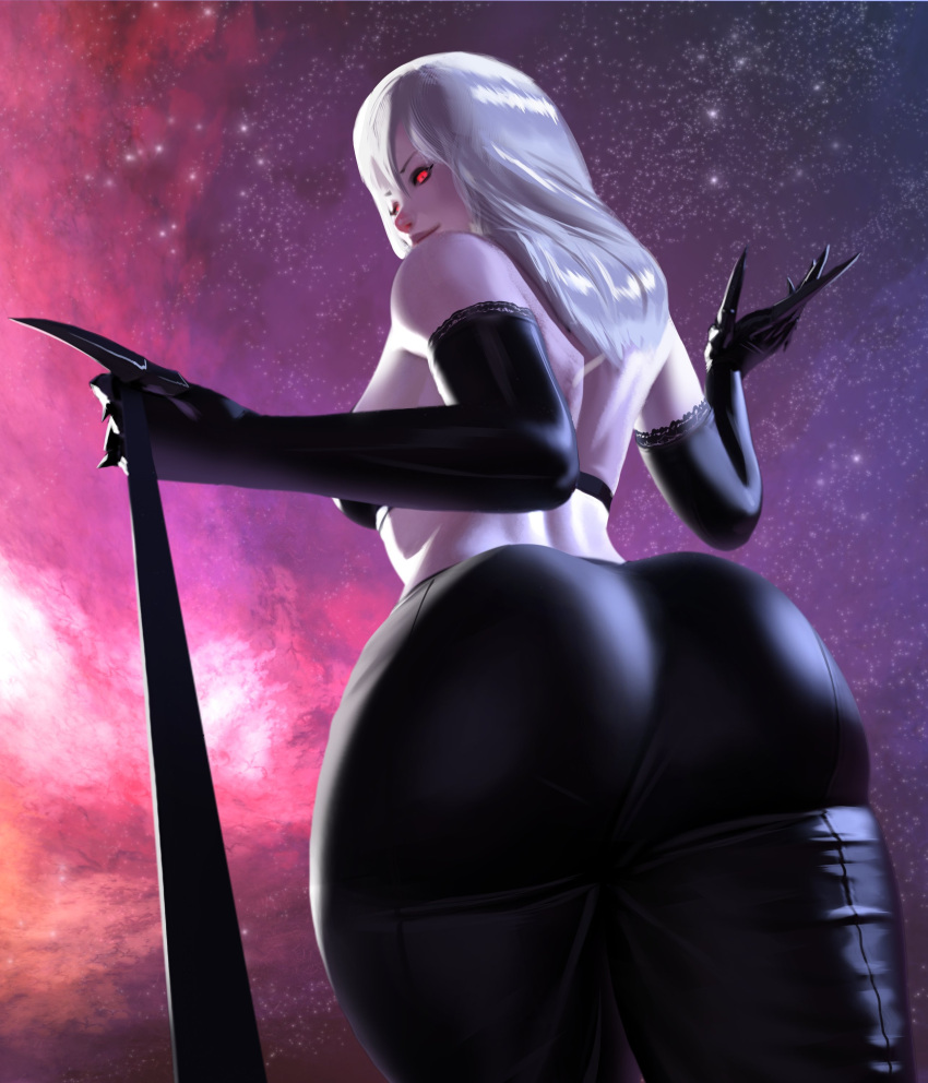 1girl, absurdres, ass, ass_focus, black_bra, black_gloves, black_pants, black_sclera, bra, breasts, colored_sclera, galaxy, gloves, highres, huge_ass, leash, leather, leather_pants, long_fingers, long_hair, looking_at_viewer, looking_back, medium_breasts, original, pants, popogori, red_eyes, sky, solo, space, star_(sky), starry_sky, thick_thighs, thighs, underwear, white_hair