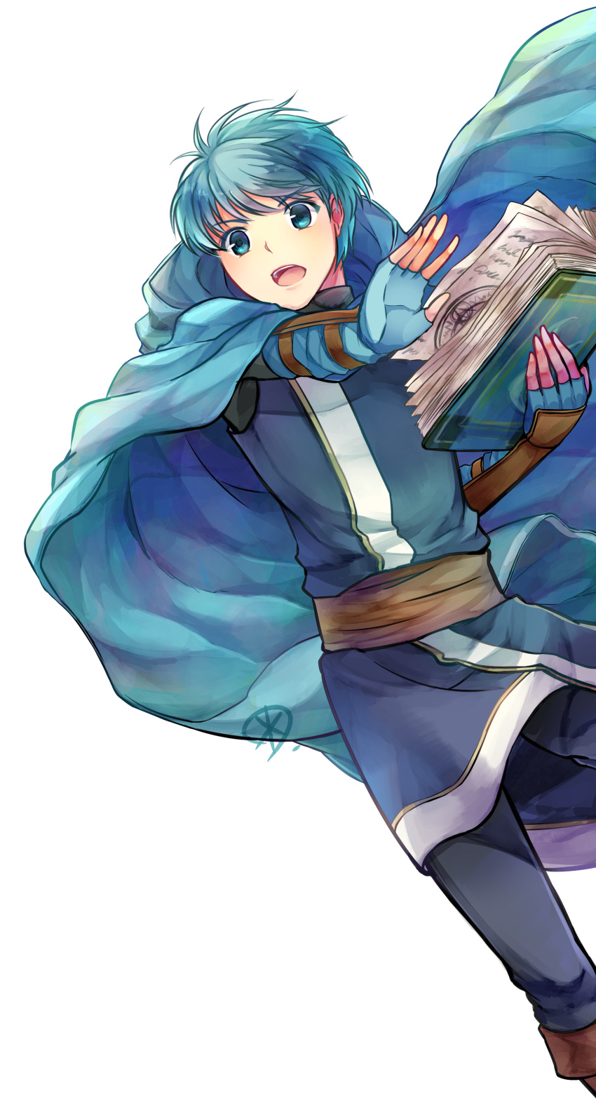 1boy, absurdres, asvel_(fire_emblem), black_pants, blue_cape, blue_gloves, blue_tunic, book