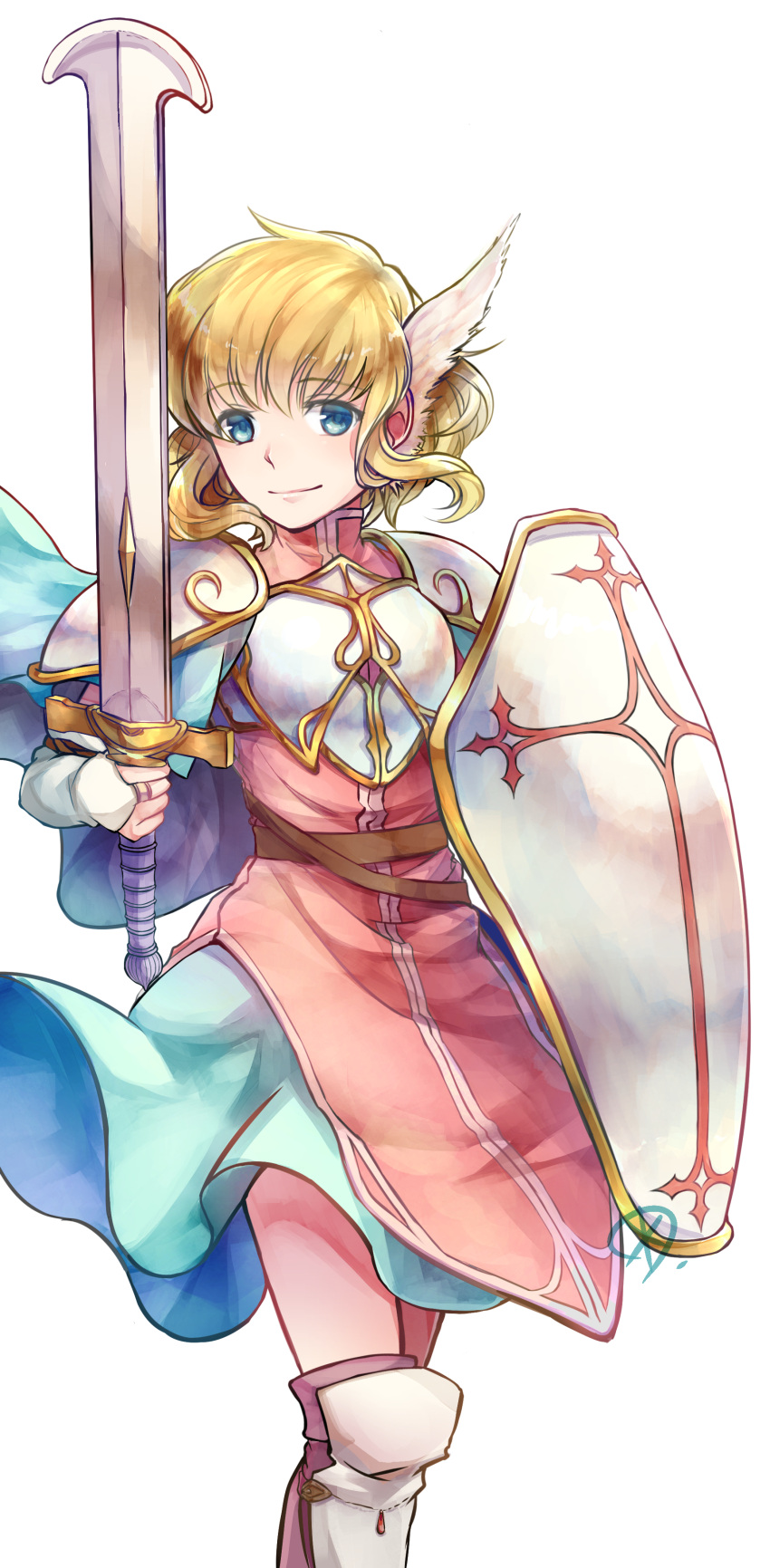 1girl, absurdres, armor, bangs, belt, blonde_hair, blue_cape, blue_eyes, blue_skirt, breastplate, brown_belt, cape, commentary_request, eyebrows_visible_through_hair, feet_out_of_frame, fingerless_gloves, fire_emblem, fire_emblem:_thracia_776, gloves, highres, lands_sword, looking_at_viewer, miniskirt, nanna_(fire_emblem), pauldrons, pink_shirt, shield, shirt, short_hair, shoulder_armor, simple_background, skirt, smile, solo, white_background, white_gloves, wing_hair_ornament, yukimiyuki