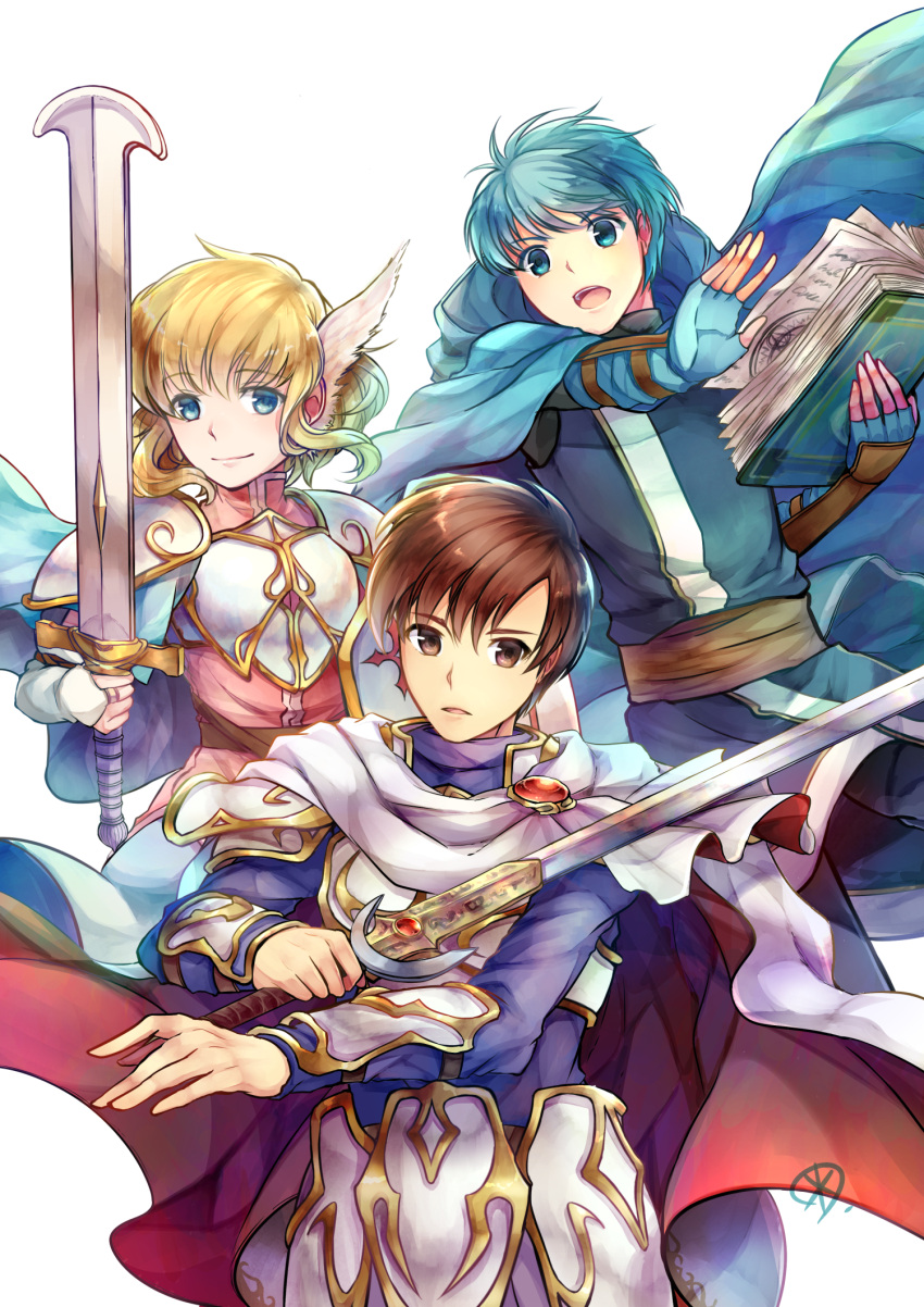 1girl, 2boys, armor, asvel_(fire_emblem), bangs, belt, black_pants, blonde_hair, blue_cape, blue_eyes, blue_gloves, blue_skirt, blue_tunic, book, bracer, breastplate, brown_belt, brown_eyes, brown_hair, brown_sash, cape, commentary_request, eyebrows_visible_through_hair, fingerless_gloves, fire_emblem, fire_emblem:_thracia_776, gloves, hair_between_eyes, highres, holding, holding_book, holding_sword, holding_weapon, lands_sword, leif_(fire_emblem), light_brand, looking_at_viewer, miniskirt, multiple_boys, nanna_(fire_emblem), open_mouth, pants, parted_lips, pauldrons, pink_shirt, purple_shirt, sash, shield, shirt, short_hair, shoulder_armor, simple_background, skirt, smile, sword, tunic, upper_body, weapon, white_background, white_gloves, wing_hair_ornament, yukimiyuki