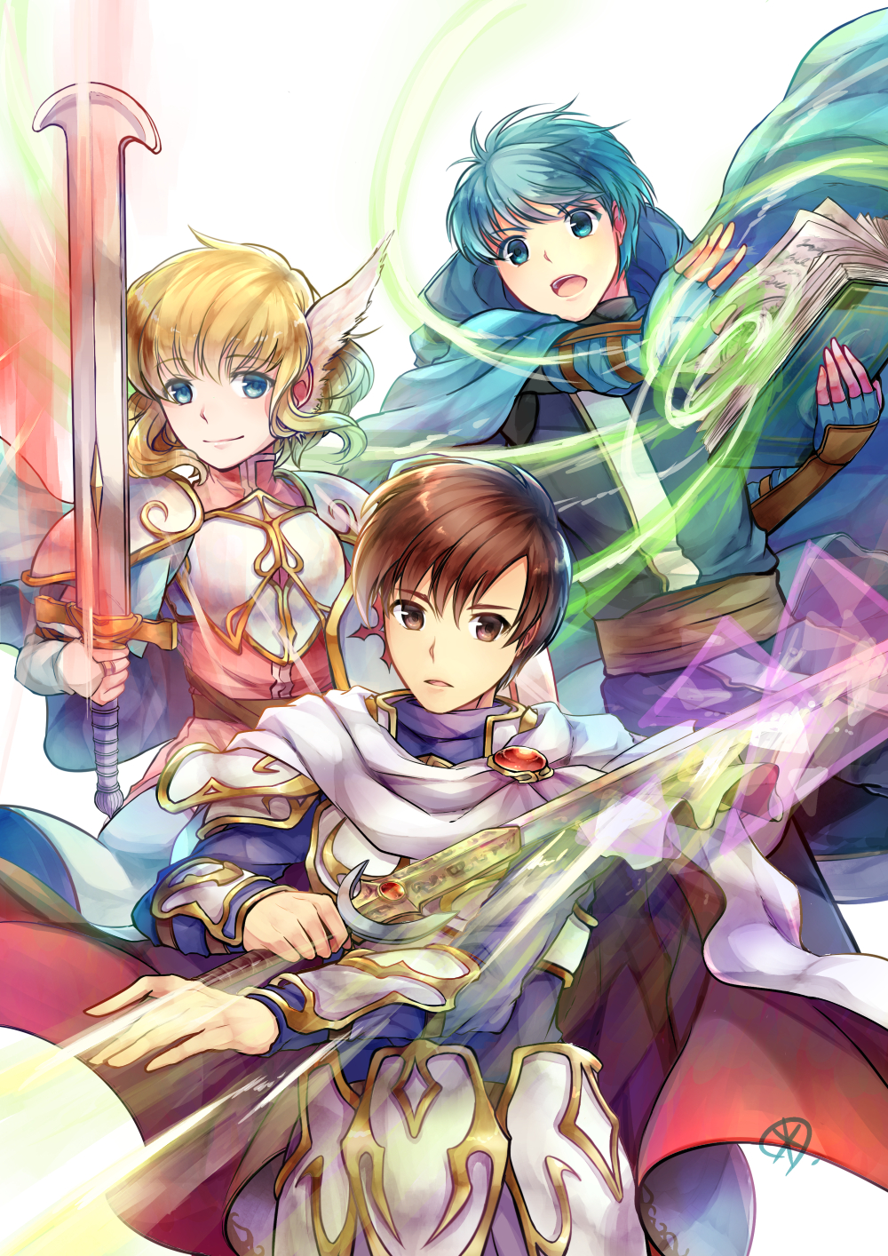 1girl, 2boys, armor, asvel_(fire_emblem), bangs, belt, black_pants, blonde_hair, blue_cape, blue_eyes, blue_gloves, blue_skirt, blue_tunic, book, bracer, breastplate, brown_belt, brown_eyes, brown_hair, brown_sash, cape, commentary_request, eyebrows_visible_through_hair, fingerless_gloves, fire_emblem, fire_emblem:_thracia_776, gloves, hair_between_eyes, highres, holding, holding_book, holding_sword, holding_weapon, lands_sword, leif_(fire_emblem), light_brand, looking_at_viewer, miniskirt, multiple_boys, nanna_(fire_emblem), open_mouth, pants, parted_lips, pauldrons, pink_shirt, purple_shirt, sash, shield, shirt, short_hair, shoulder_armor, simple_background, skirt, smile, sword, tunic, upper_body, weapon, white_background, white_gloves, wing_hair_ornament, yukimiyuki