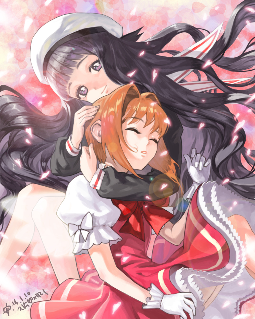 2girls, an_kyoung, cardcaptor_sakura, clamp_(circle)_(style), closed_eyes, daidouji_tomoyo, gloves, highres