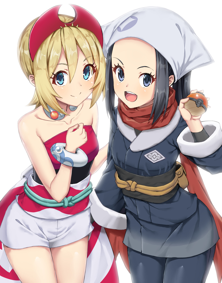 2girls, absurdres, akari_(pokemon), arm_wrap, blonde_hair, blue_eyes, commentary_request, floating_scarf, galaxy_expedition_team_survey_corps_uniform, hairband, head_scarf, highres, irida_(pokemon), jewelry, multiple_girls, neck_ring, pantyhose, pikapika, poke_ball, poke_ball_(legends), pokemon, pokemon_(game), pokemon_legends:_arceus, red_hairband, red_scarf, red_shirt, scarf, shirt, short_hair, shorts, strapless, strapless_shirt, waist_cape, white_shorts