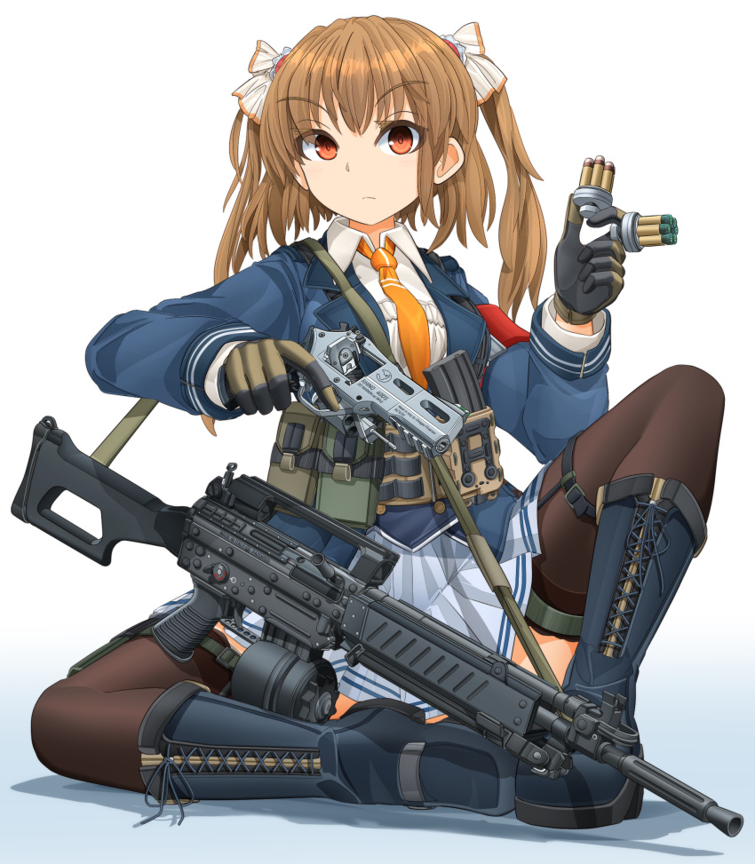 1girl, alternative, assault_rifle, beretta_ar70/90, boots, brown_eyes, brown_hair, chiappa_rhino