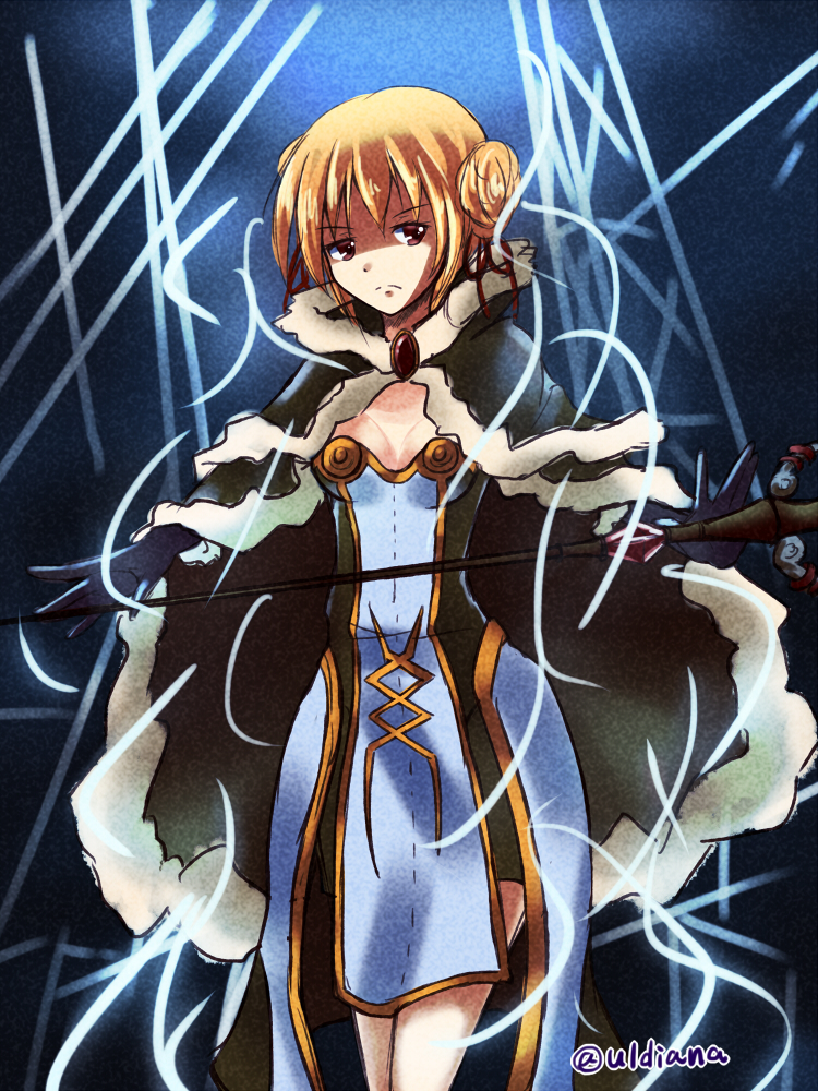1girl, alternate_eye_color, bangs, bio_lab, blonde_hair, breasts, brown_cape, brown_dress