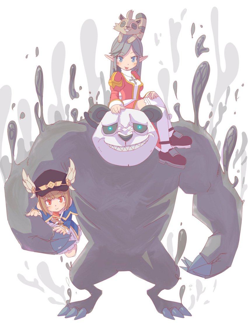 1boy, 2girls, bangs, black_footwear, black_headwear, blue_coat, blue_eyes, breasts