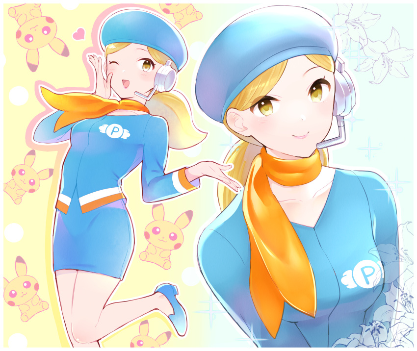 1girl, ;d, absurdres, anna_(pokemon_battle_revolution), blonde_hair, blue_footwear, blue_headwear, blue_shirt